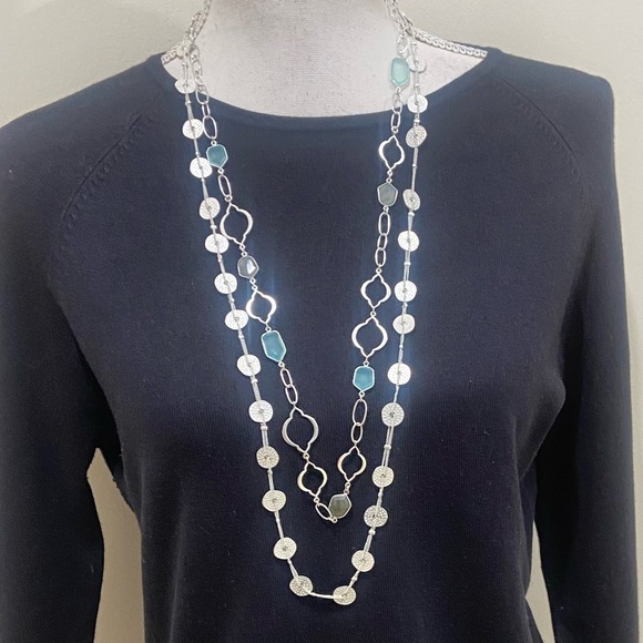 Stella & Dot sterling silver Arabesque link aqua & laborite long chain necklace - Picture 7 of 11